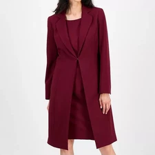 Le Suit Topper Jacket & Sleeveless Sheath Dress 2pc Set Bordeaux Red Womens 16
