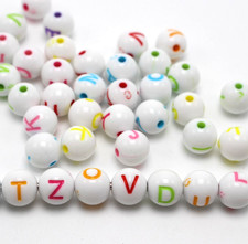 200 White with Colorful Assorted Alphabet Letter Round Beads 8mm