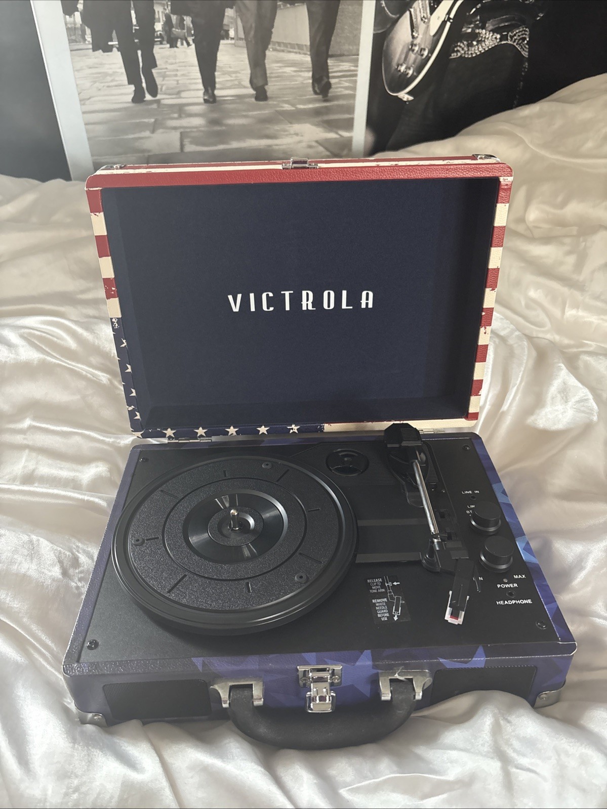 Vintage Bluetooth Record Player Suitcase with Retro American Flag Design