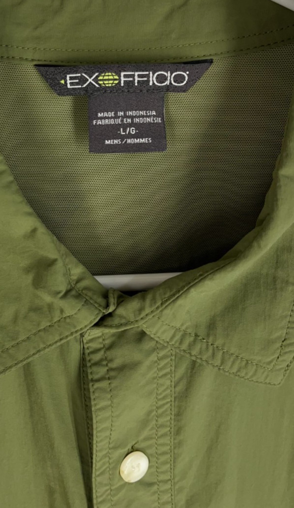 Exofficio Shirt Men Large Green Button Roll Tab Vented Nylon Hiking Fishing NEW
