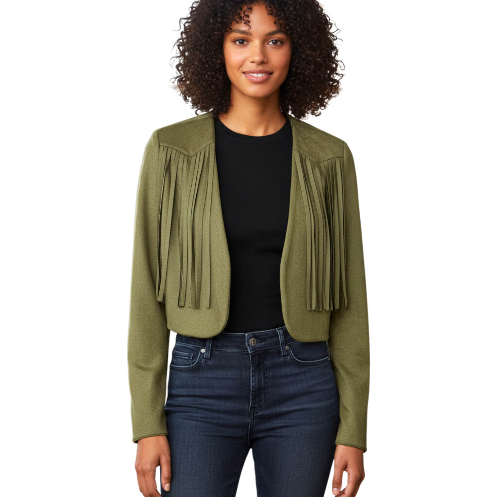Better Be Cropped Bolero Fringe Faux Suede Jacket Olive Green Size Small NWOT