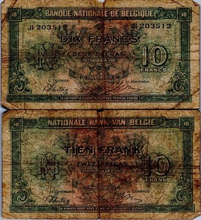 Belgium 10 Francs 2 Belgas Banknote Paper Money Bill Grade Poor A23/35
