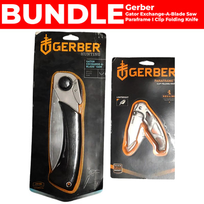 Gerber Paraframe I Clip Folding Knife & Gator Exchange A Blade Saw Bundle NEW