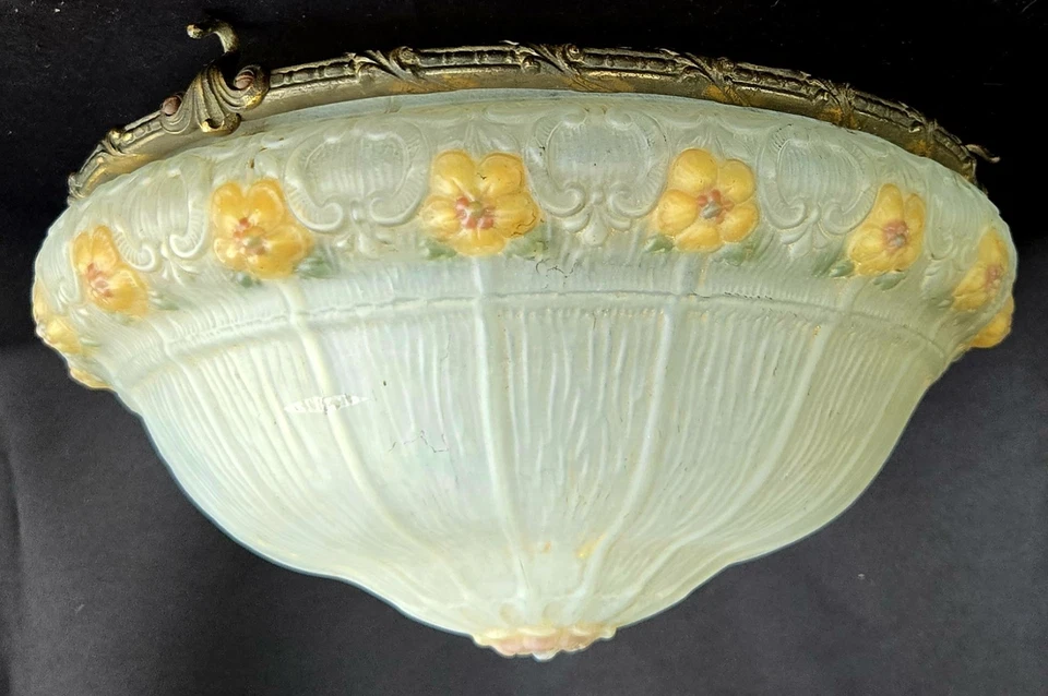 Lámpara de araña grande de vidrio esmerilado y metal con estampado floral Art Nouveau de 14,5" W Foto 4 de 4