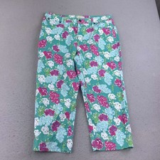Talbots Pants Womens 14 Green Floral Flat Front Curvy Straight Leg Crop Capris