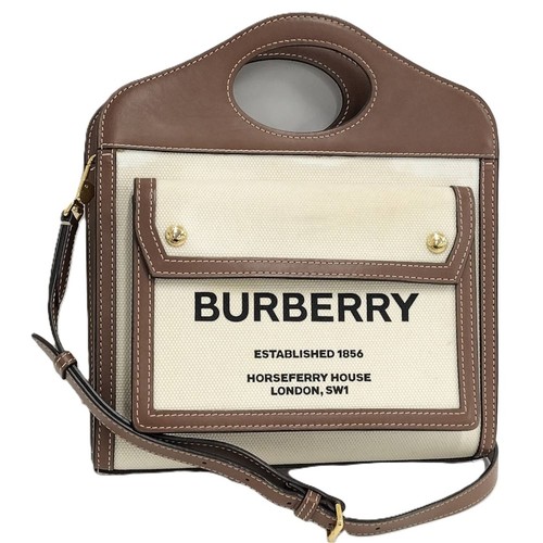 BURBERRY 2 Way Bag Leather Canvas cream-colored Brown Used SKAI-0