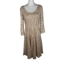 Leslie Fay Cocktail Dress Womens Size 12 Gold Allover Lace Floral Long Sleeve