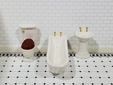 Dollhouse Bathroom Set Tub Toilet Sink White Ceramic 3 Pieces 1:12 Scale