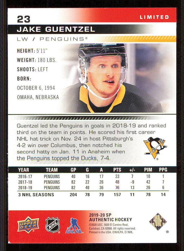 2019-20 SP Authentic Limited Red #23 Jake Guentzel - Image 2 of 2