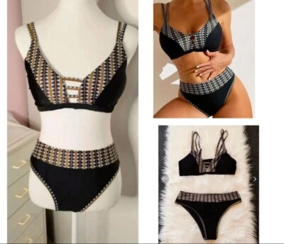Maillot De Bain Deux Pièces Noir Et Multicolore Femme Taille 38/40,L 🖤 - Photo 1/4