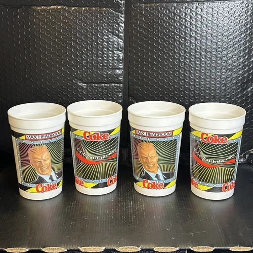 Lot of 4 Vintage Max Headroom Coca-Cola Coke Plastic Cup Catch The Wave! New