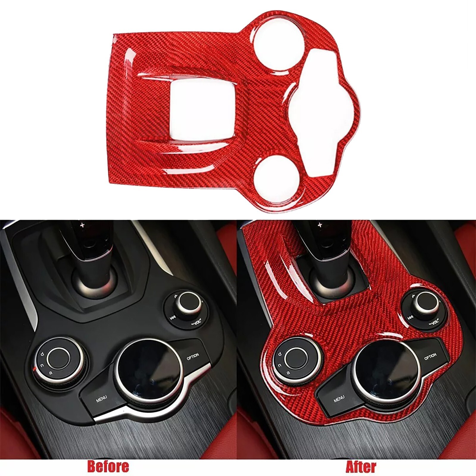 Red Real Carbon Fiber Center Console Trim For Alfa Romeo Giulia Stelvio 2017-19