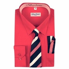 BERLIONI ITALY KIDS BOYS DRESS SHIRT LONG SLEEVE WITH TIE  HANKY SOLID CORAL