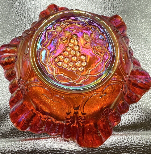 Mosser Red Carnival Glass Grape & Cherry Thumbprint Ruffled Bowl Original Tag - Picture 21 of 24