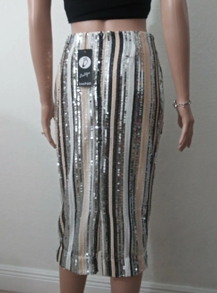 boohoo Size 6 Multicolor Stripe Geometric Glitter Slit In Back A-Line Skirt - Image 2 of 4