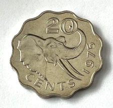1975 Swaziland Scalloped Coin 20 cents African Elephant Animal Wildlife