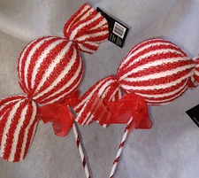 Lot of 2 Red White Christmas Ornament Pick Peppermint Candy Cane Gingerbread