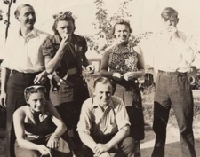 1940s Group Portrait Picnic Eating Smiling Friends Vintage Cars