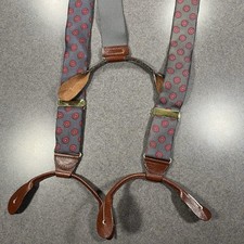 Vintage CAS Suspenders Braces Made in West Germany Leather Ends Gray Red Pattern