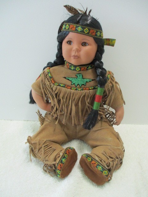 DOLL - NATIVE AMERICAN PLAINS INDIAN CHILD BEADED BIRD, LEATHER OUTFIT 10" tall