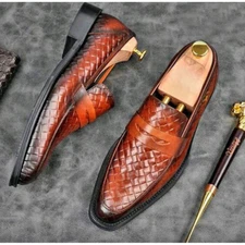 Brown Woven Leather Loafers Men's Basket Weave Slip-On Patina Dress Shoes UK/US