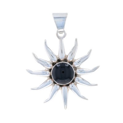 Sterling Silver Onyx Sun Solitaire Pendant - 925 Round Cabochon