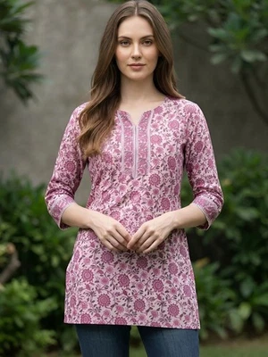 Indian Women Pink Pure Cotton Floral Printed Top Tunic Kurta Kurti New Dress - Image 1 of 4