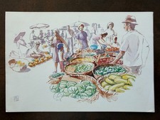 Carte postale postcard 10x15cm ILE DE LA REUNION marché aquarelle Pierre HUFFNER