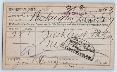 1893 Registry Bill Registered Letters Parcels Package West Creek NJ Postal Card
