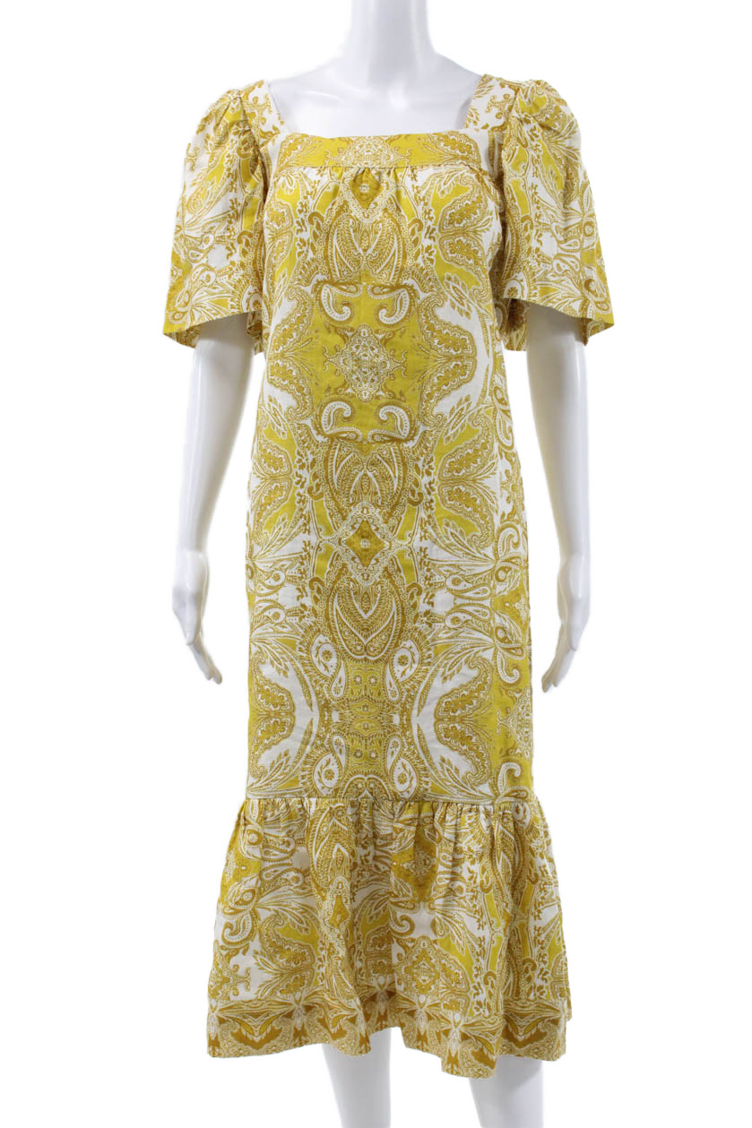 Cara Cara Women Maxi Linen Dress Yellow Square Neck Short Sleeve Size LFree Shipping in US $100+ Orders | $6.95 Orders Below