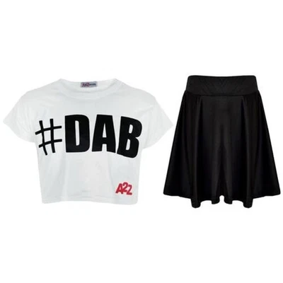 A2Z 4 Kids Filles Crop Top #Dab Stylé Floss Blanc Ensemble Top Jupe Âge 5-13 - Photo 1/2