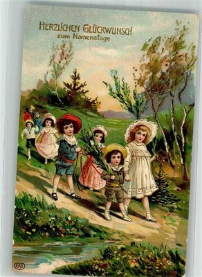 38152136 - Kinderschar auf einem Spaziergang in der Natur E.A.S. Namenstag 1910