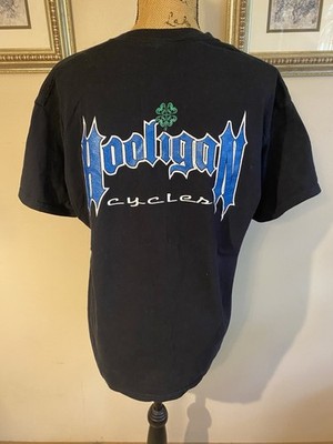 Hooligans Cycles Graphic Tee Shirt Men s Large Black Biker Tee Green Clover Logo