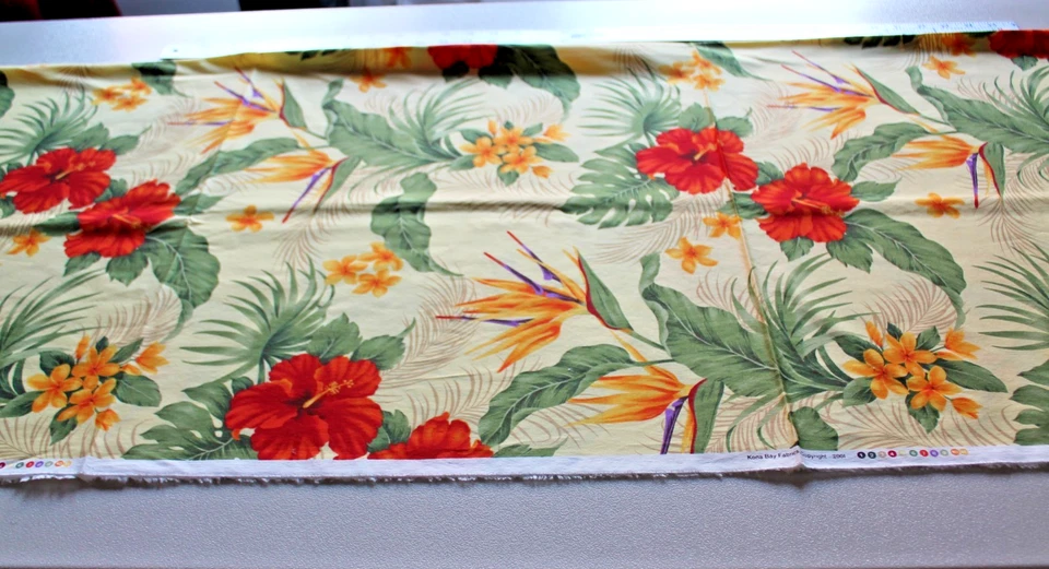 Tela Algodón 4 Yardas Amarillo Claro, Palmeras, Flores Rojas y Naranja, Tropical Nuevo Foto 4 de 4