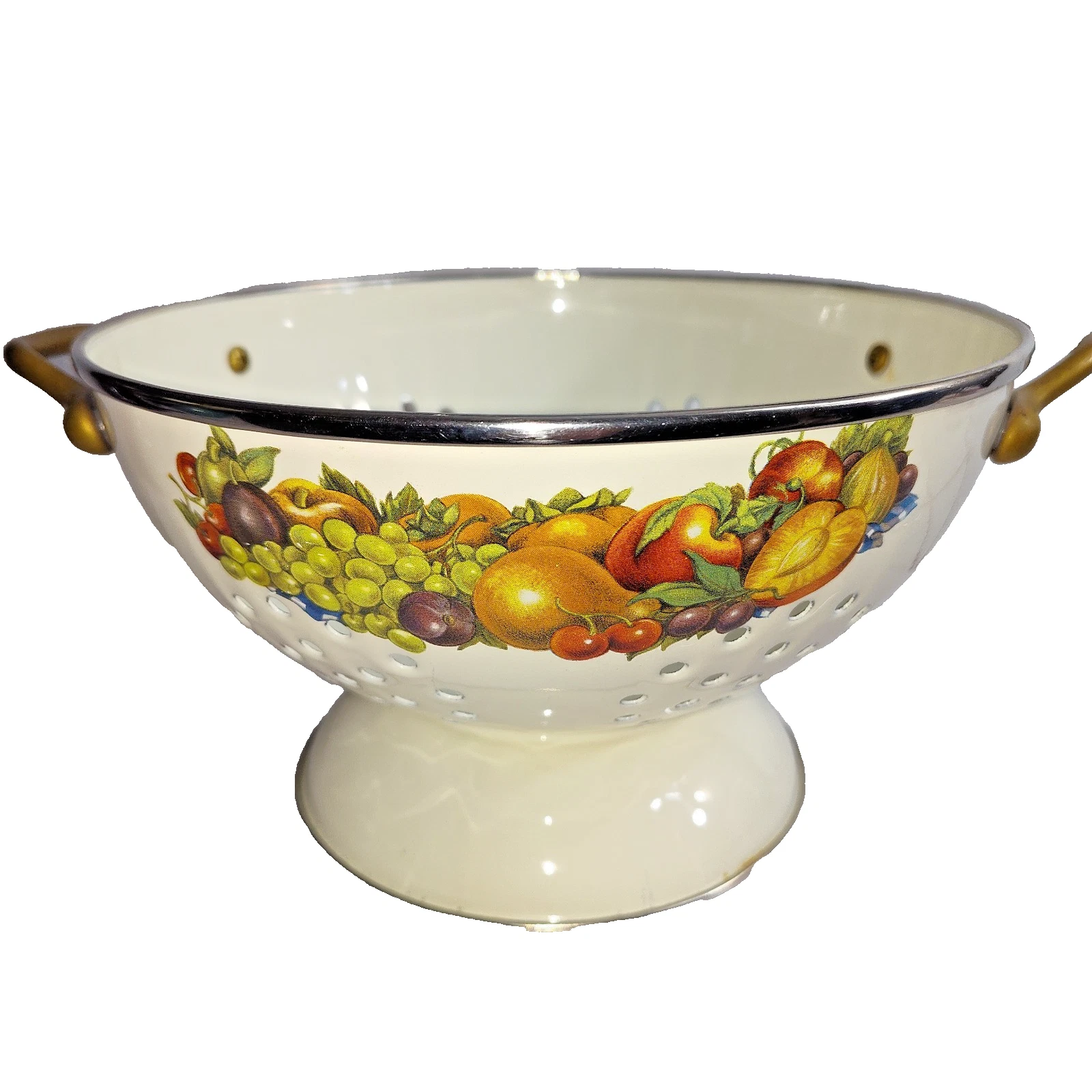 VTG 1980s Footed Enamel Colander Kitchenware Fruit Motif Cream Color 9.5"x5.5"