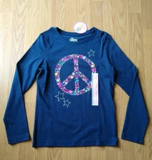 CIRCO Girl's Shirt Size 10-12 L Large Navy Blue Peace Stars Long Sleeve NEW NWT