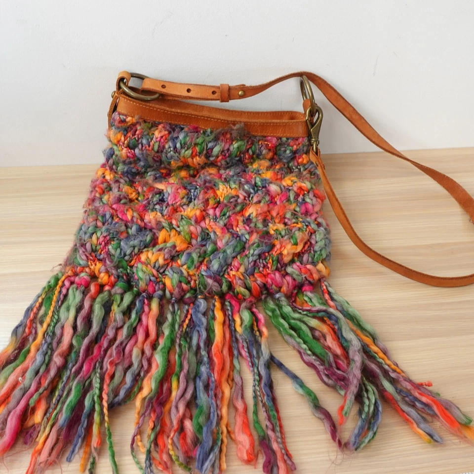 90s VINTAGE Lucky Brand Bag Western Whimsy Knit Braided Wool Fringe Hobo Tassel - Image 3 of 4