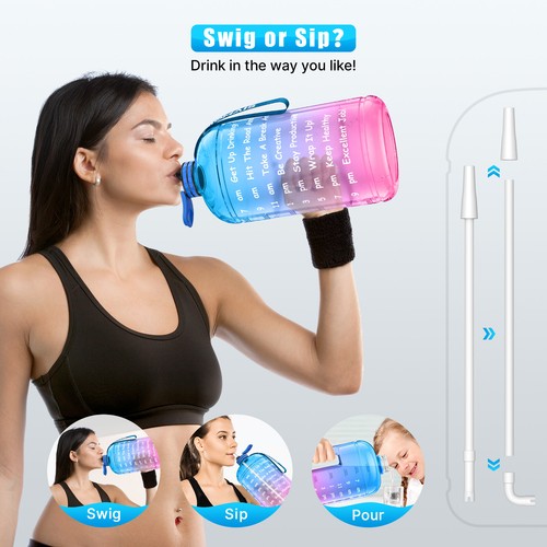 1 Gallon/128 oz Water Bottle w/ Straw Gym Training Fitness Jug Motivational Time - Picture 8 of 76