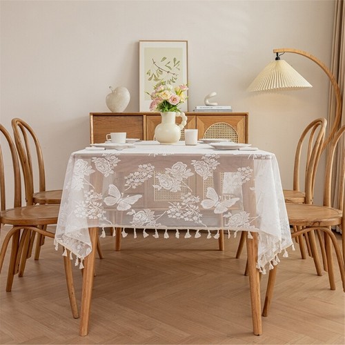 Rectangular White Lace Tablecloth 140x140/100cm Delicated Edges with Fringe - Picture 3 of 10