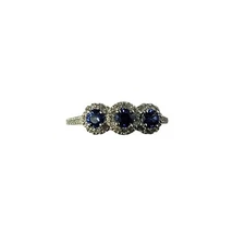 14K White Gold 3 Sapphire & Halo Diamond Ring Size 7.75  #13917
