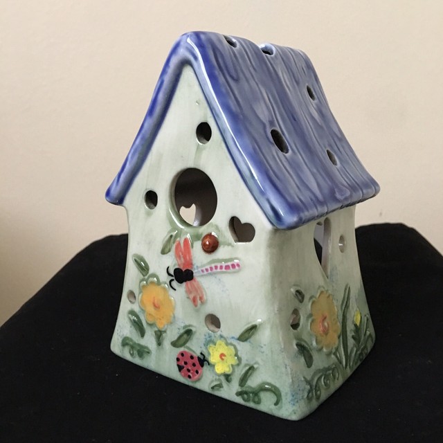Bird House Candle Holder Garden Decor Glazed Hand Painted Ceramic