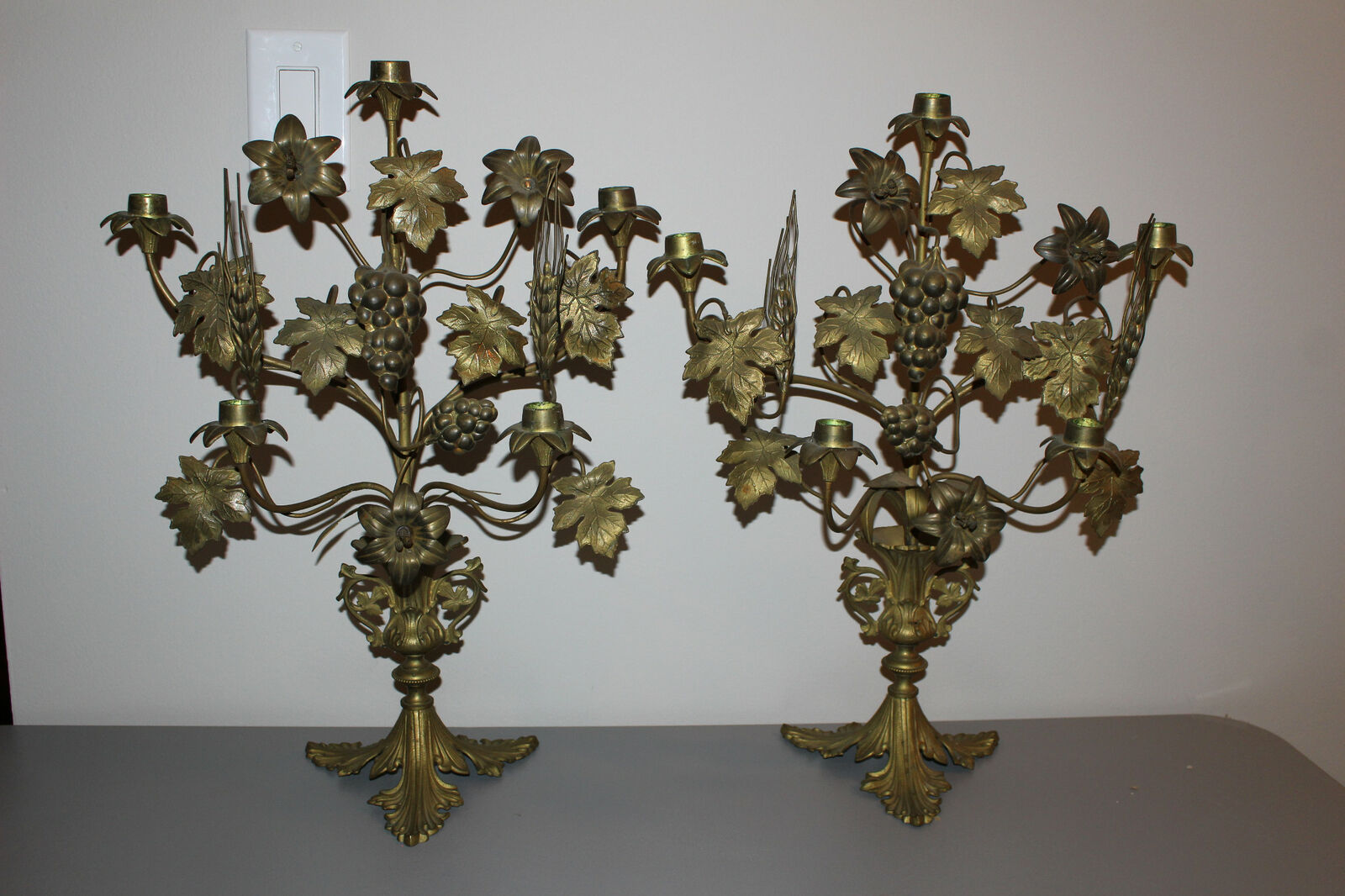 2 ANTIQUE VICTORIAN 21" FRENCH BRASS 5 ARM CANDELABRAS-LEAVES, GRAPES, FLOWERS