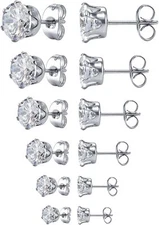 5 Pairs of Women Stainless Steel Round Clear Cubic Zirconia Stud Earring Silver