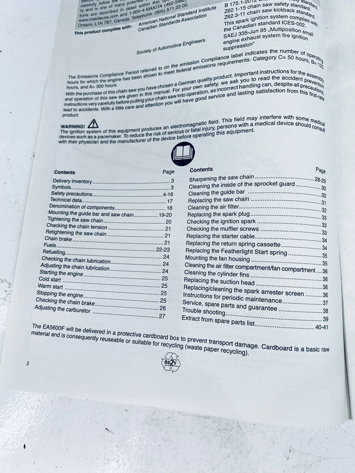 Makita  EA5600F Chain Saw Instruction Owner's Safety Manual - Image 2 of 3