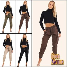 Ladies Cargo Combat Trousers Cuffed Bottom Pockets Slim Fit Sports Joggers Pants
