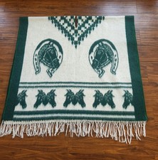 Vtg Mexican Poncho Serape Green White Tribal Wool Horse Horseshoe Design 78x39