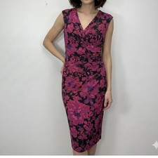 Ralph Lauren Pink Red Floral Faux Wrap Stretch Sleeveless Dress Size 4