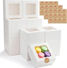 30pcs Cookie Boxes with Window, 6x6x3 Inches White Bakery Boxes, 36 Pcs Stickers