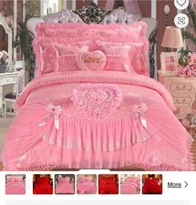 Ruffled Comforter Set King Pink Red Heart Pattern w/ Decorative Pillow Shams