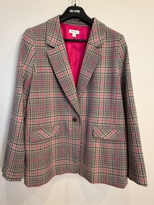 On 34th Plaid Boyfriend Blazer Womens L Pink Navy Tan Fuchsia-lined Jacket
